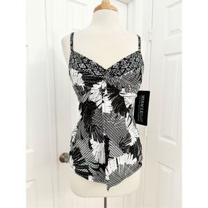 Miraclesuit Womens Black White Floral Castaway‎ Love Knot Tankini Top Size 8 NWT